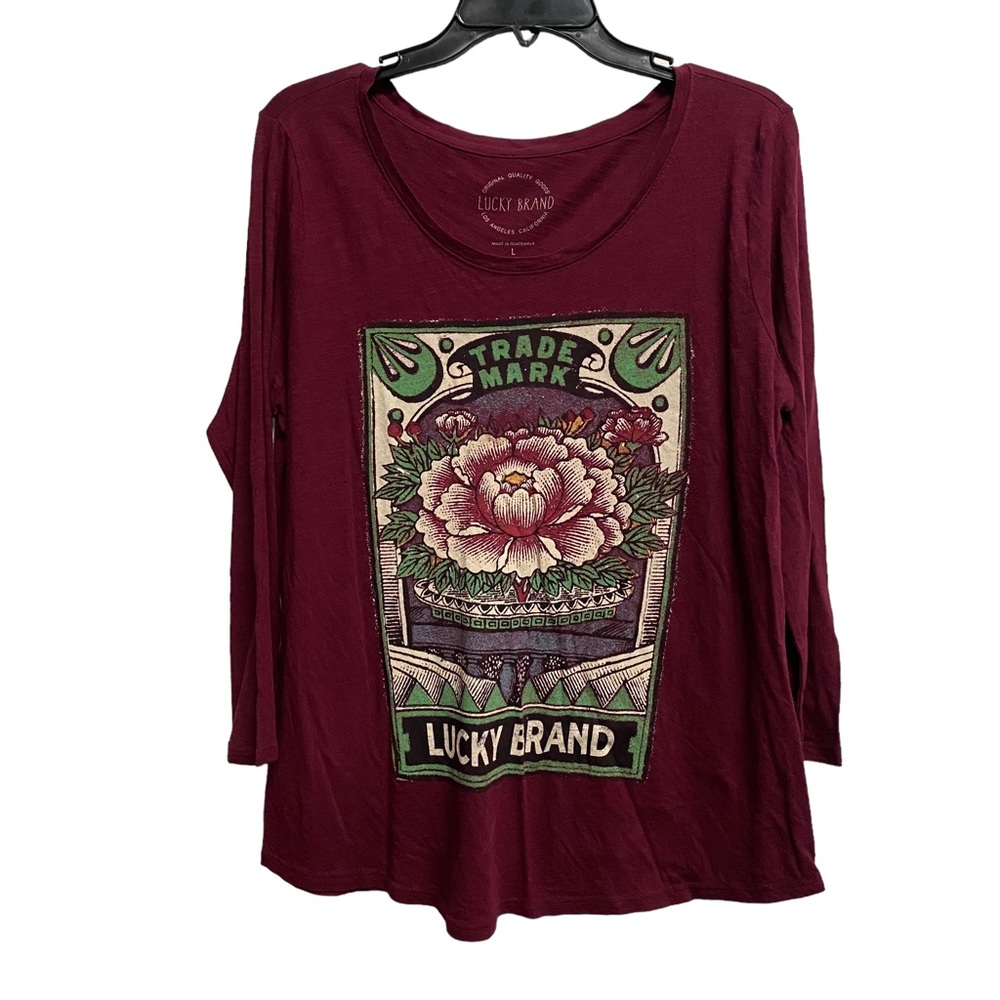 Lucky Brand Women's Large Long Sleeve Tee Maroon Crewneck Pullover Flower Print
